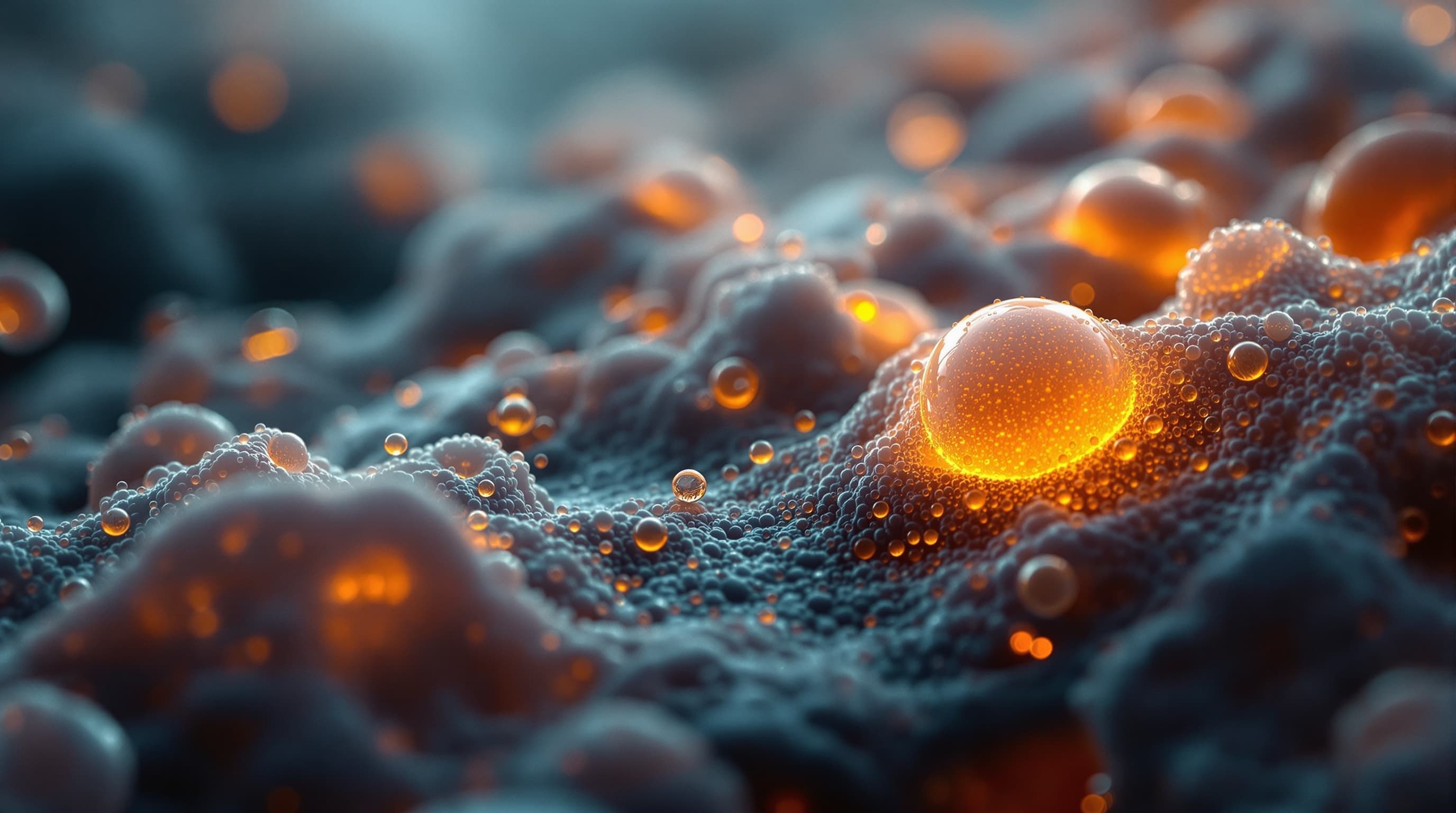 Luminous amber spheres glowing within an organic cellular landscape