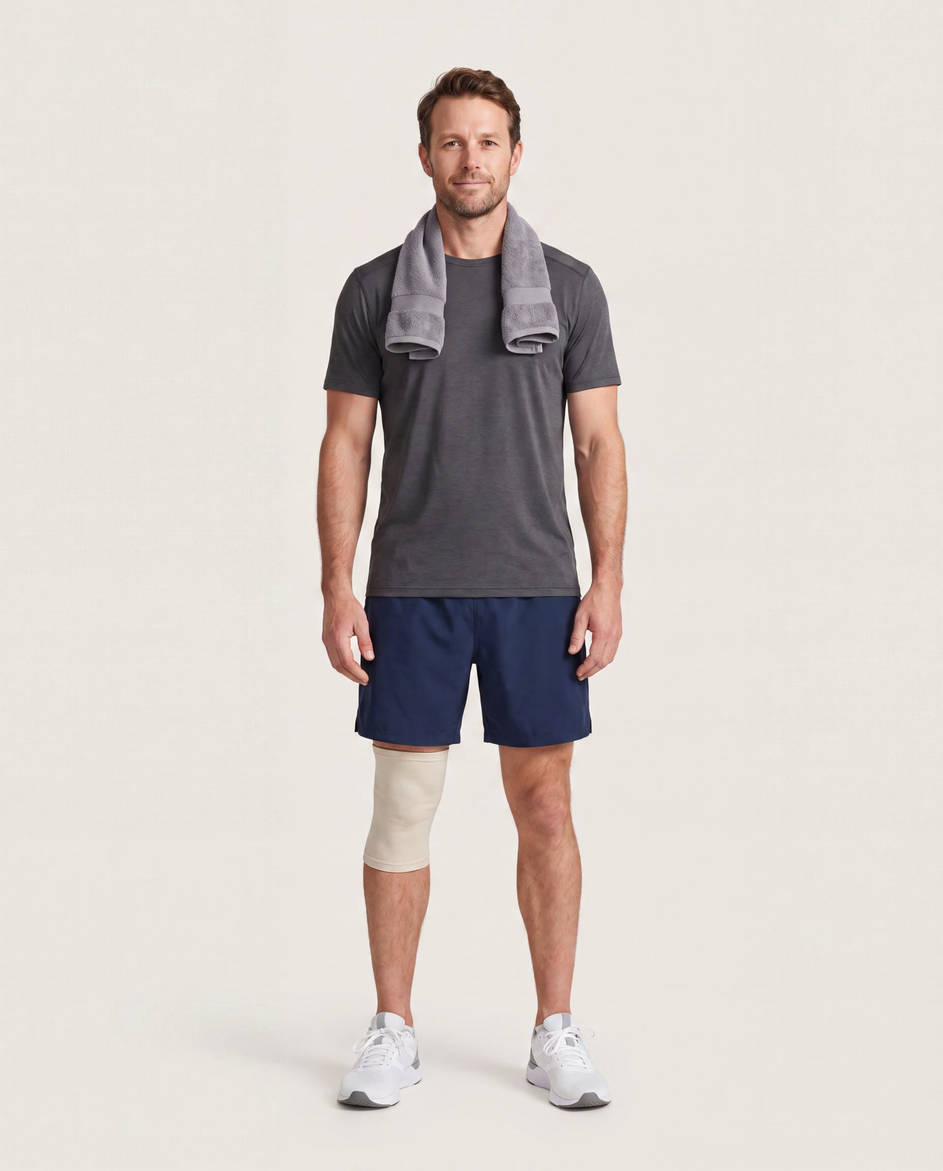 Man in his thirties in a charcoal training tee, a sleeve on one knee