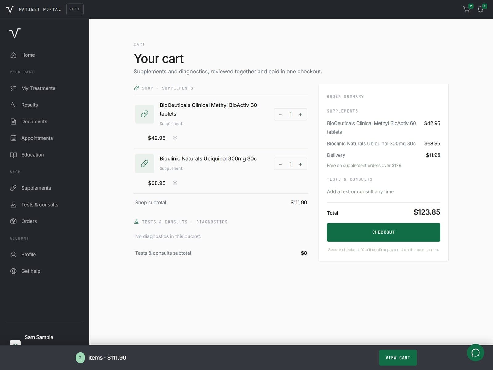 Portal cart screen with supplements and diagnostics reviewed together in one order summary and paid in a single checkout