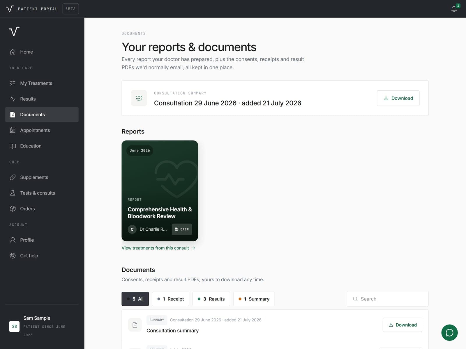 Documents screen with a consultation summary, a doctor report and downloadable receipts and result PDFs