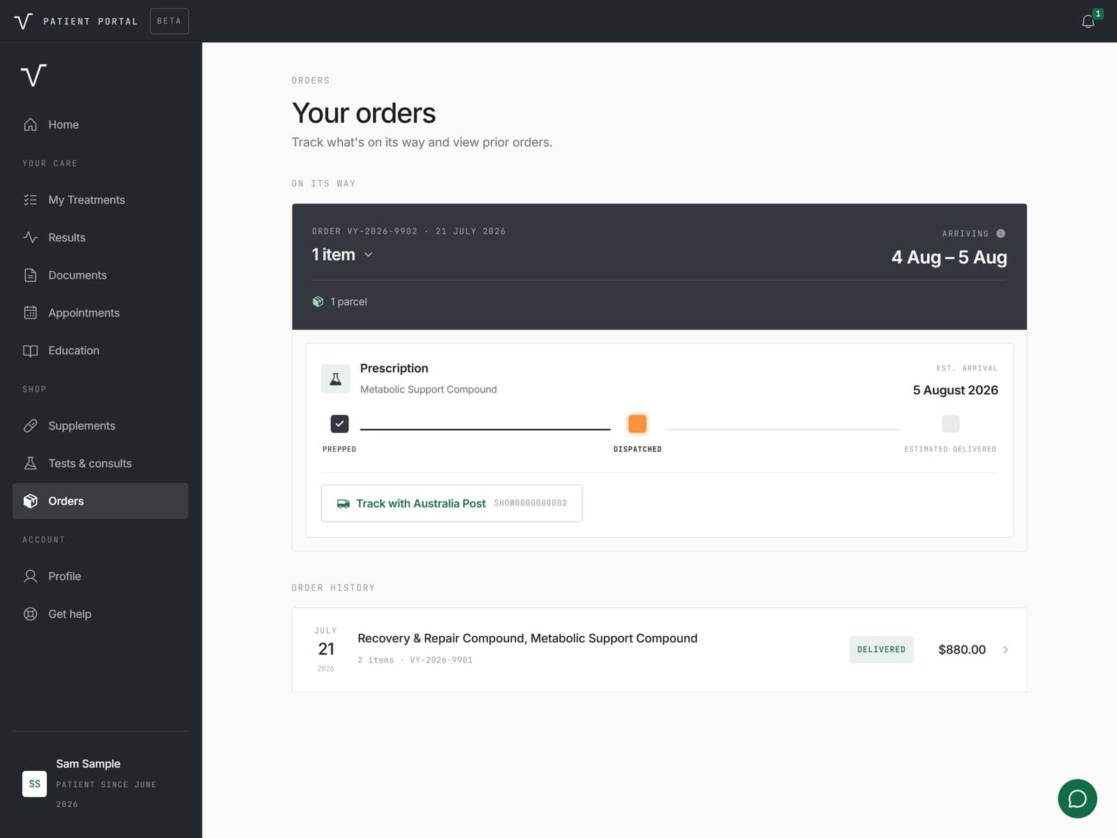 Orders screen showing a fictional example order on its way, with a delivery timeline, tracking link and order history