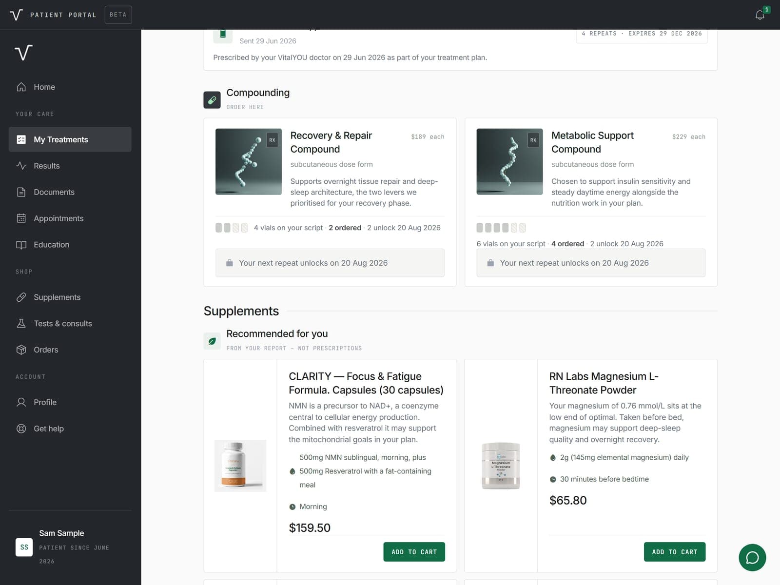 Compounding section of the treatments screen, showing what is on your script, what you have ordered and the date the next repeat unlocks