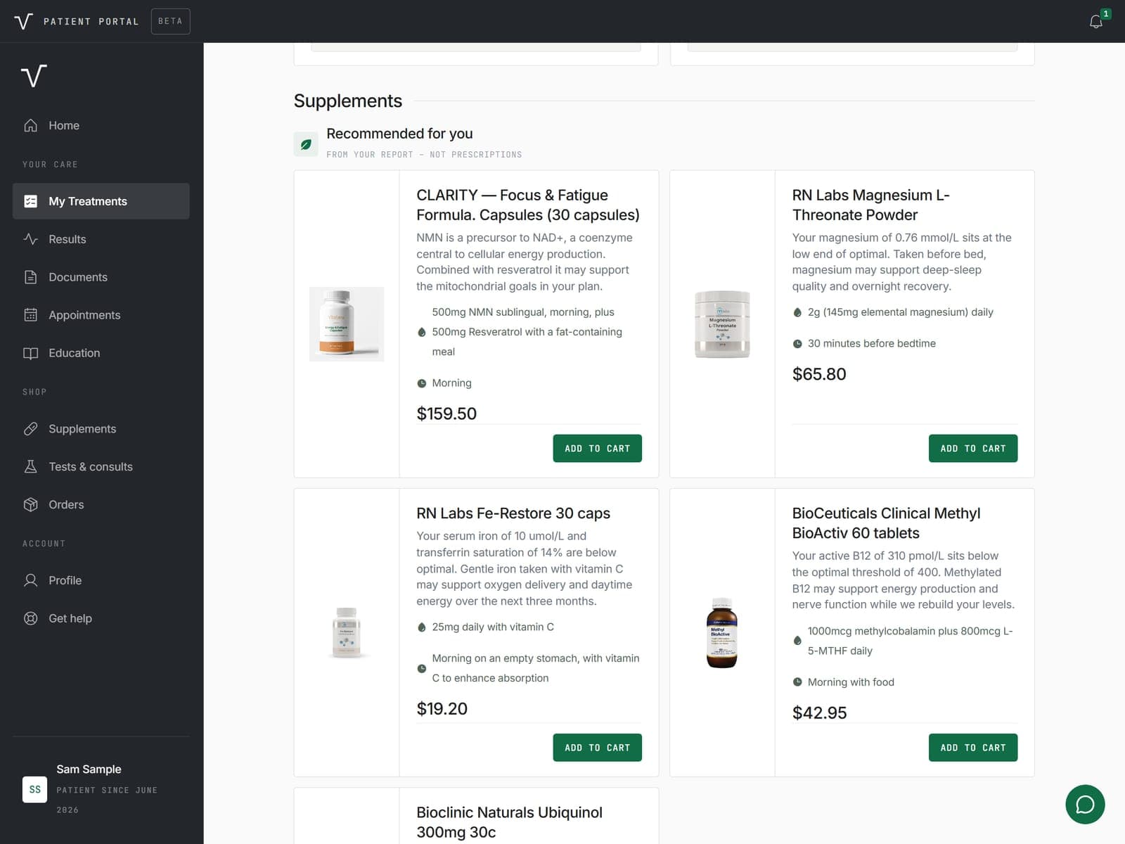 Supplement recommendations for a fictional example patient, each carrying the doctor’s written reason citing the patient’s own results