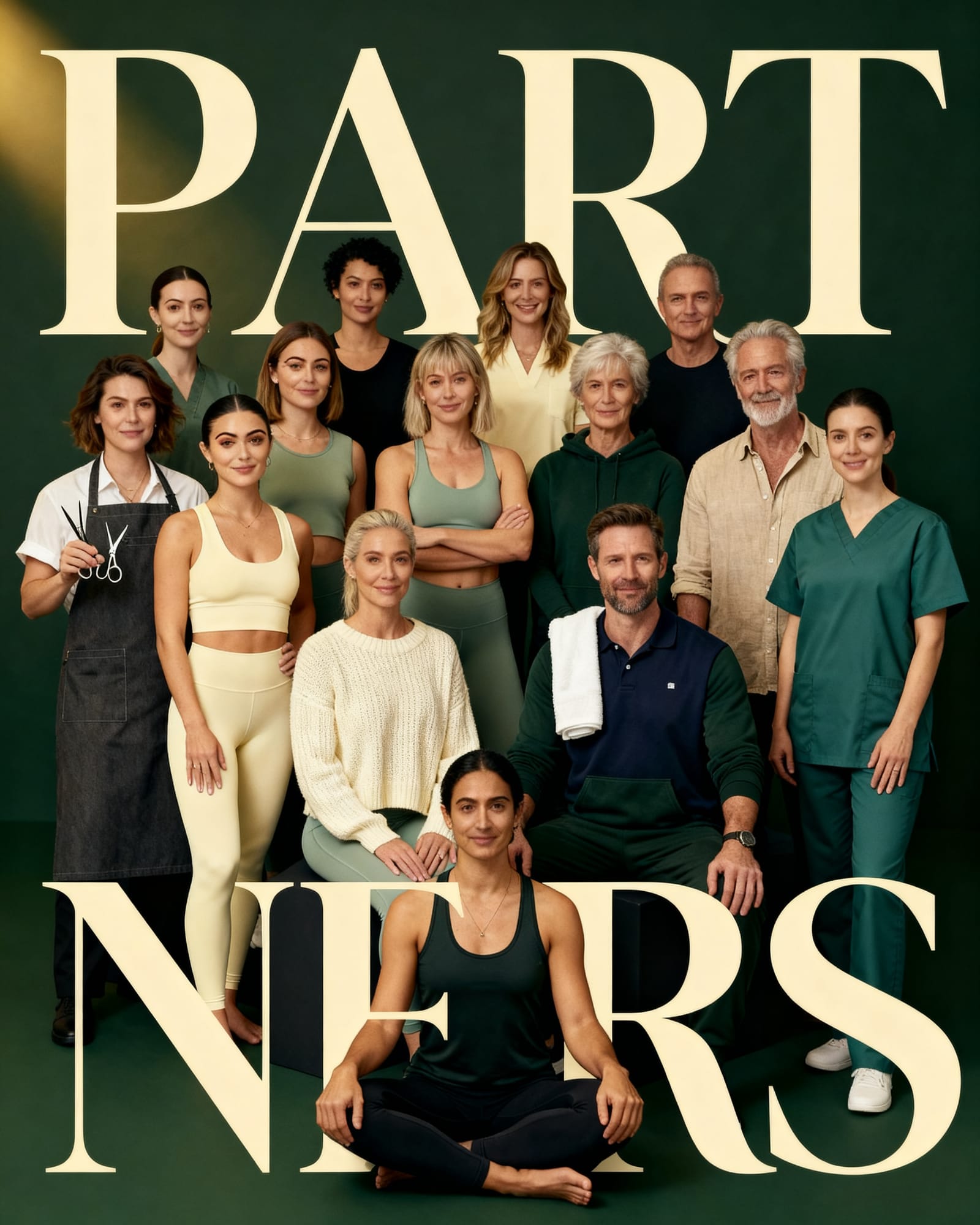 A studio group portrait of fourteen referrers, hairdressers, trainers, therapists and clinicians, standing among giant cream letters spelling PARTNERS on deep green