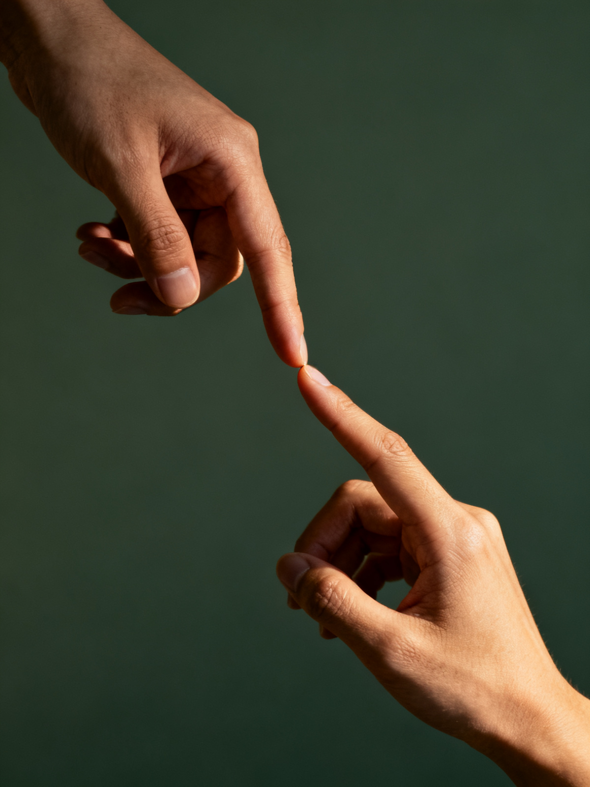 Two fingertips meeting against deep green.