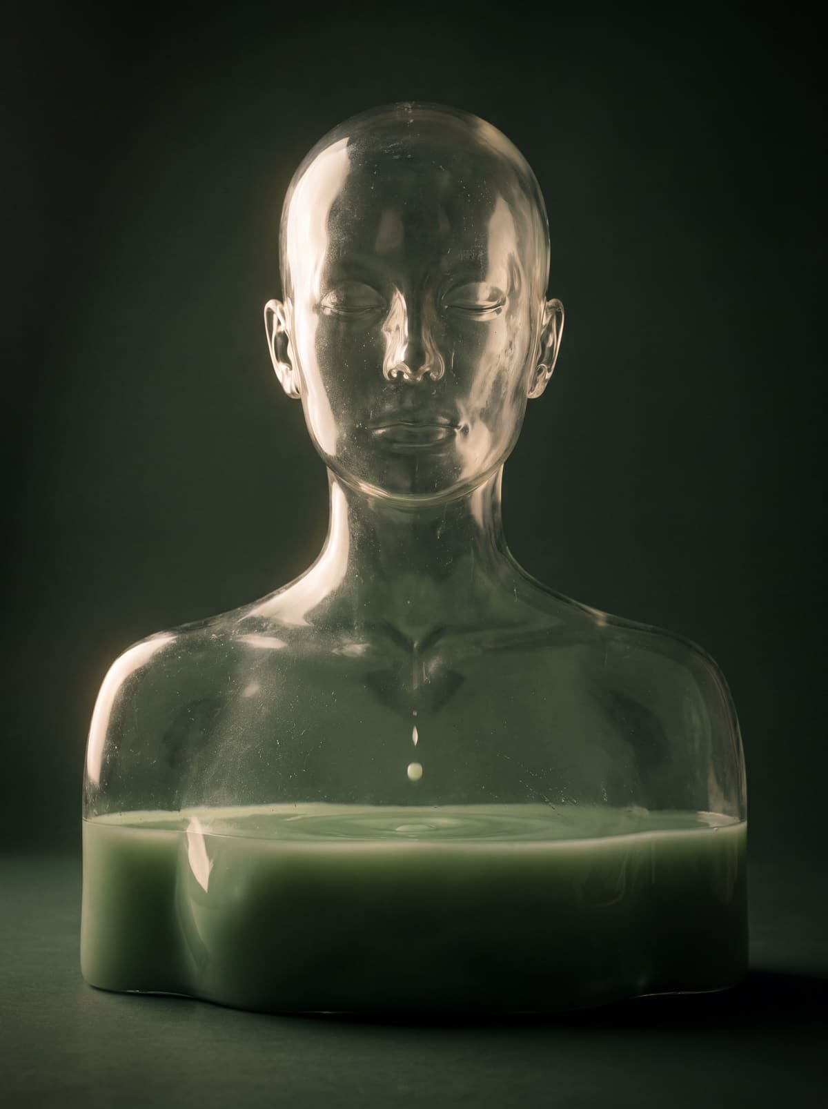 A glass bust filled with pale green liquid, one drop falling.