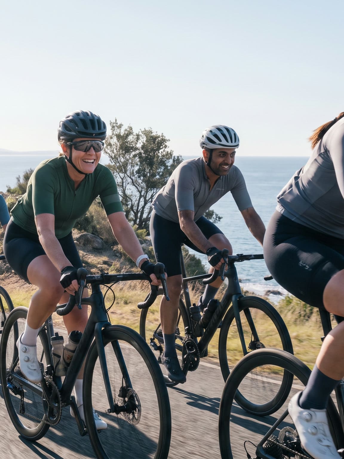 Cyclists on a coastal road in morning light.