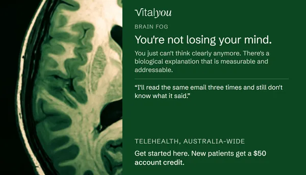 The brain fog digital card: a brain scan on the left, and on a deep green panel the VitalYOU wordmark, the words You're not losing your mind, what people say, and the line New patients get a $50 account credit.