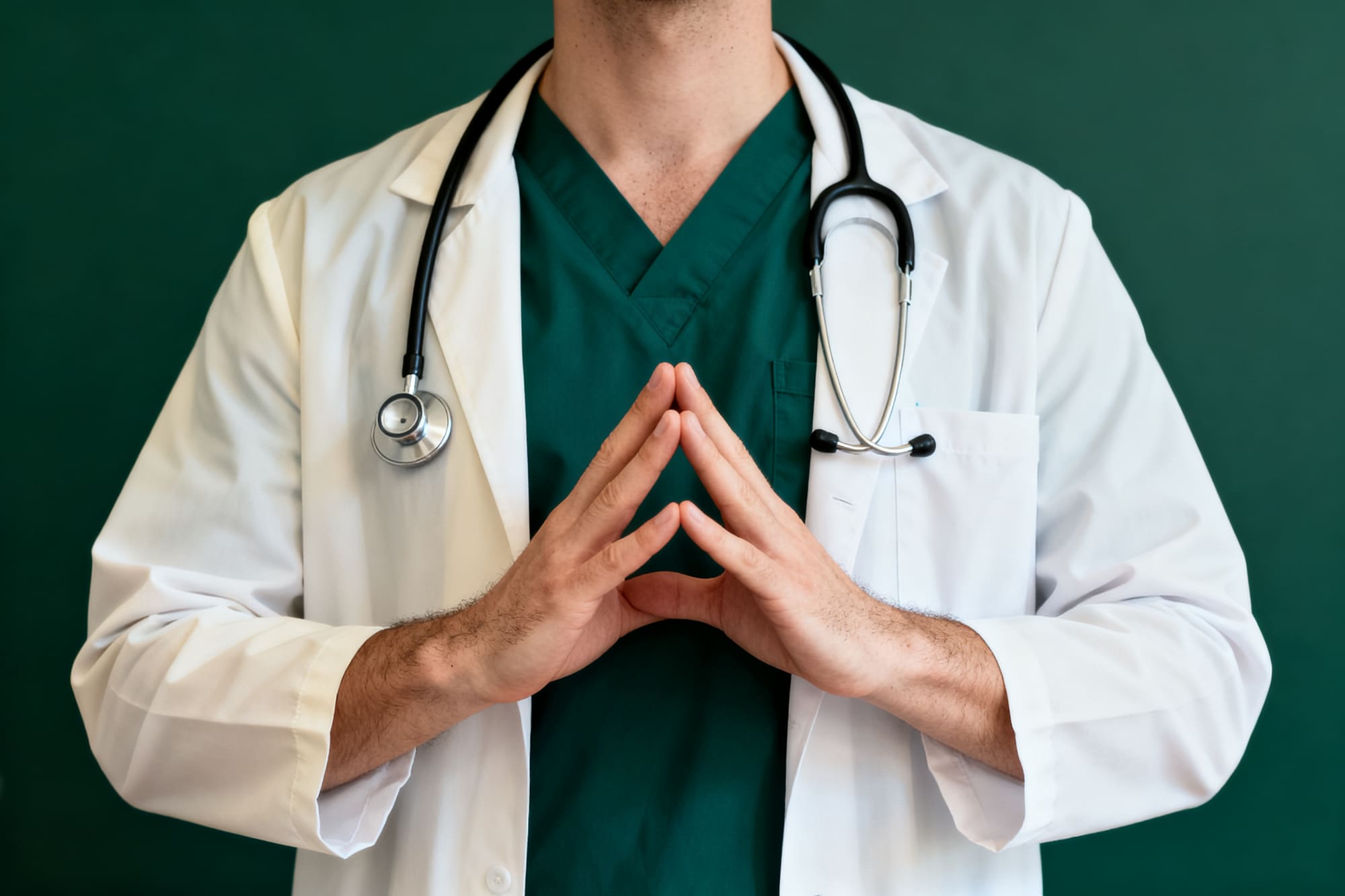 A doctor in deep green scrubs, white coat, stethoscope.